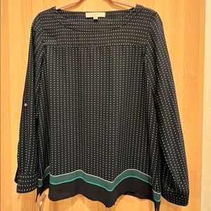 LOFT Navy Polka Dot long sleeve blouse, size M petite.